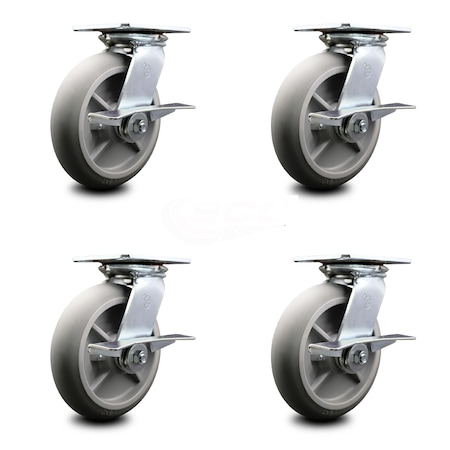 Service Caster 8 Inch Heavy Duty Thermoplastic Caster Set with Roller Bearings and Brakes SCC SCC-35S820-TPRRD-SLB-4